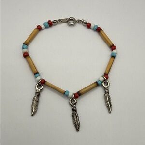 Vintage Native American Style Brown Red Feather Charm Beaded Bangle Bracelet